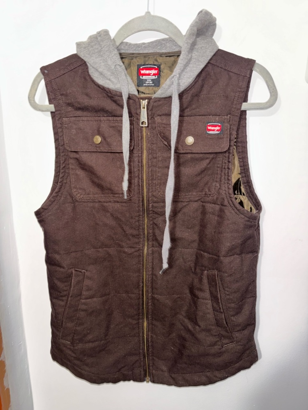 Wrangler Hooded Workwear Vest Brown Canvas Insulated Utility Chore Gilet